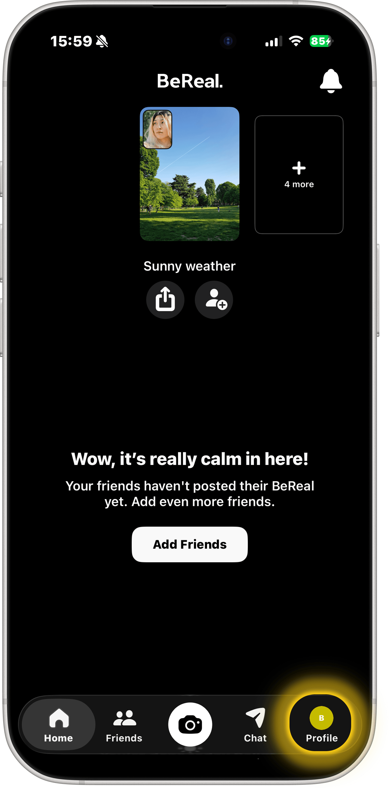 BeReal hemskärm — tryck på profilbild
